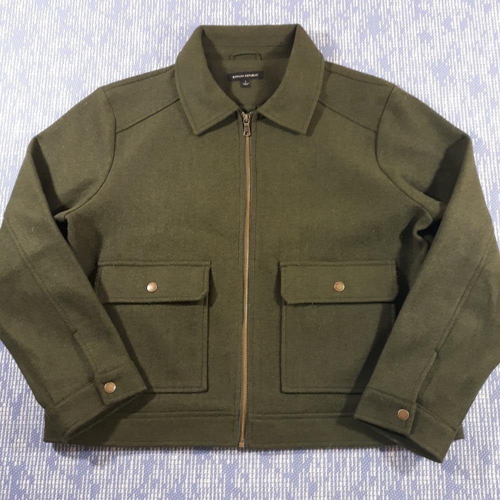 Banana Republic Coat Jacket Collared Bomber Mens L Green Faux Leather Vegan Zip